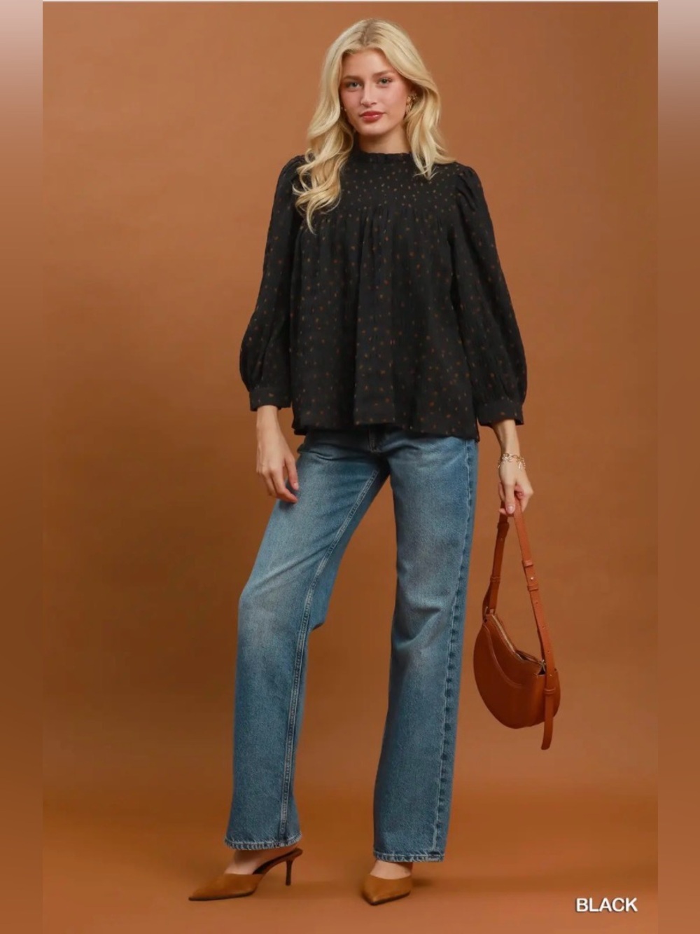 Umgee Polka Dot Smocked Detail Puff Sleeve Blouse🛍️